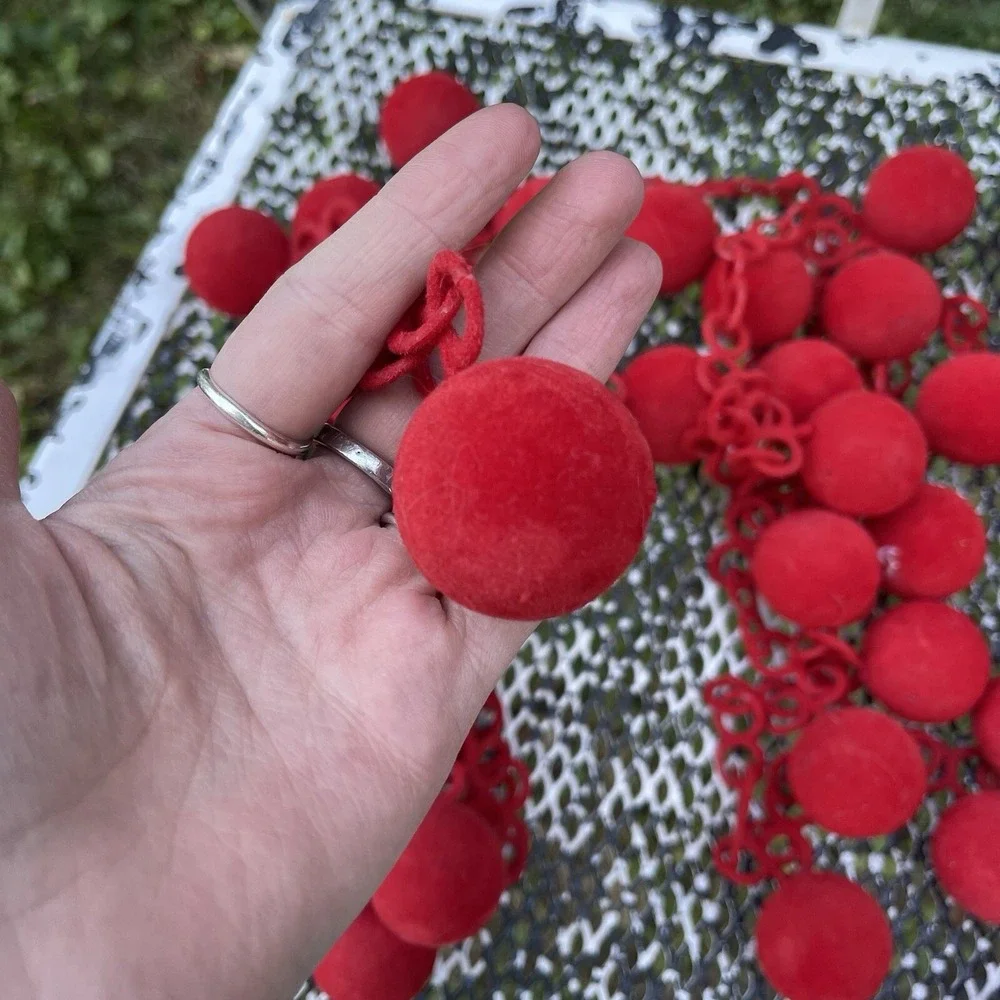 3 Vintage MCM Plastic Red Velvet Flocked‎ Felt Ornament Garland Christmas Decor